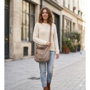 Fossil Metallic Leather Studded Crossbody Shoulder Bag Taupe EUC